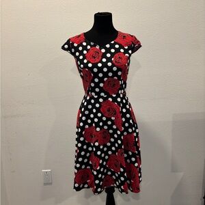 Women's Black Polka Dot Dress with Red Floral Print